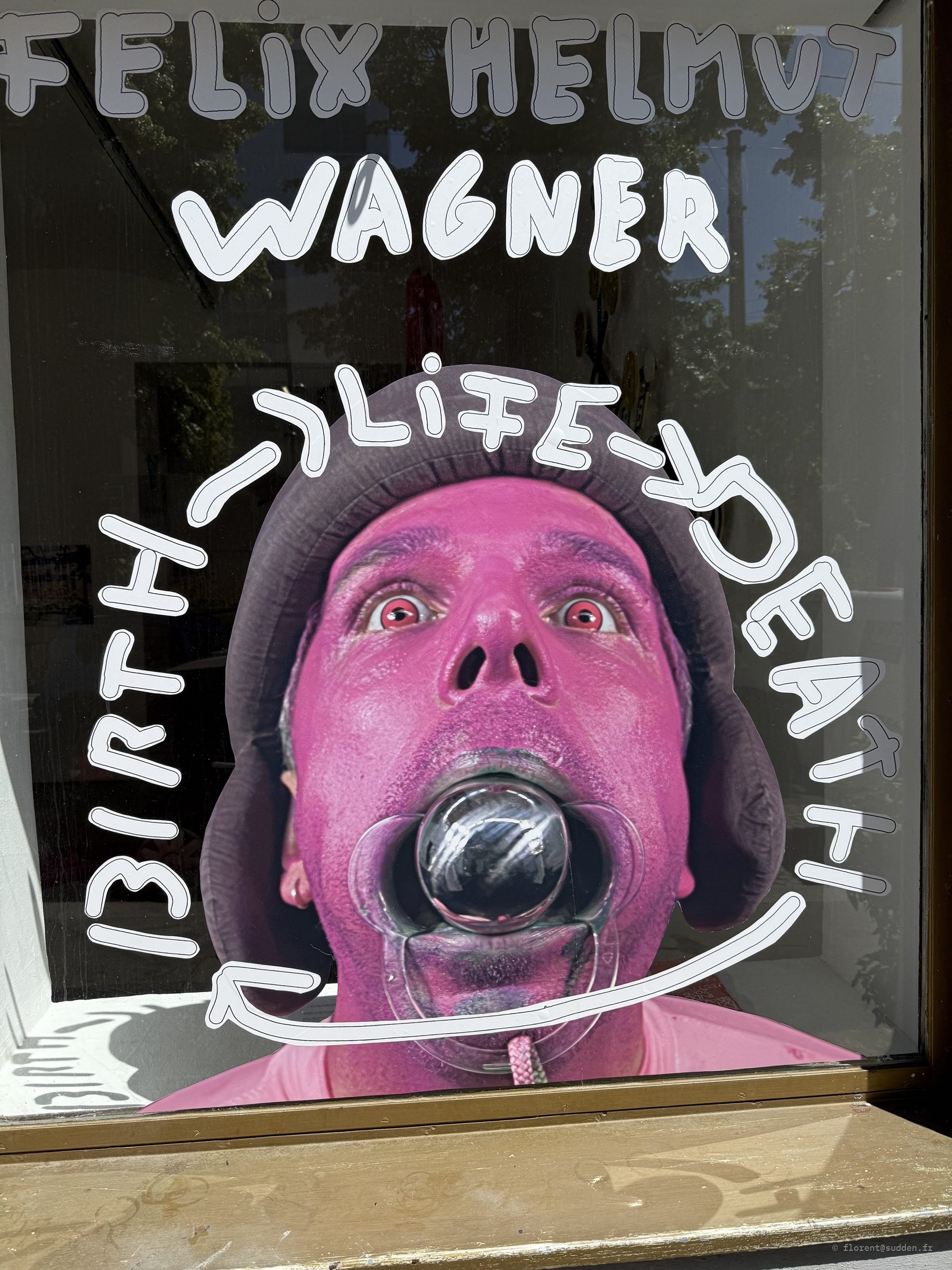 Vitrine de galerie avec portrait peint en rose et inscription Birth Life Death