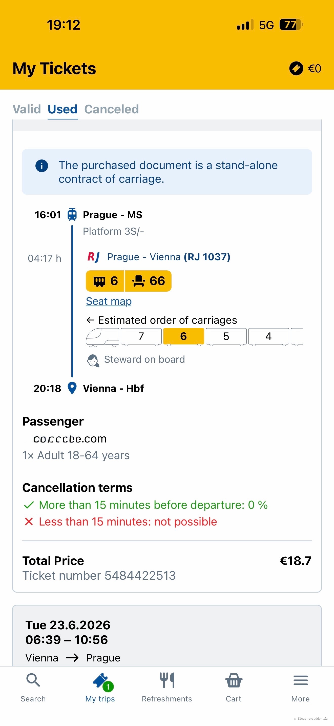 Ticket de train Prague-Vienne
